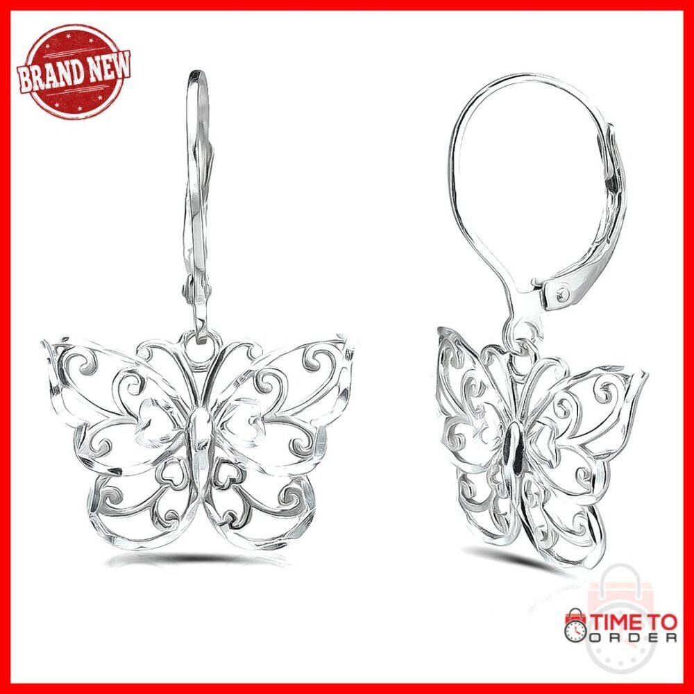 Sterling Silver Dangle Butterfly Leverback Earrings 32mm
